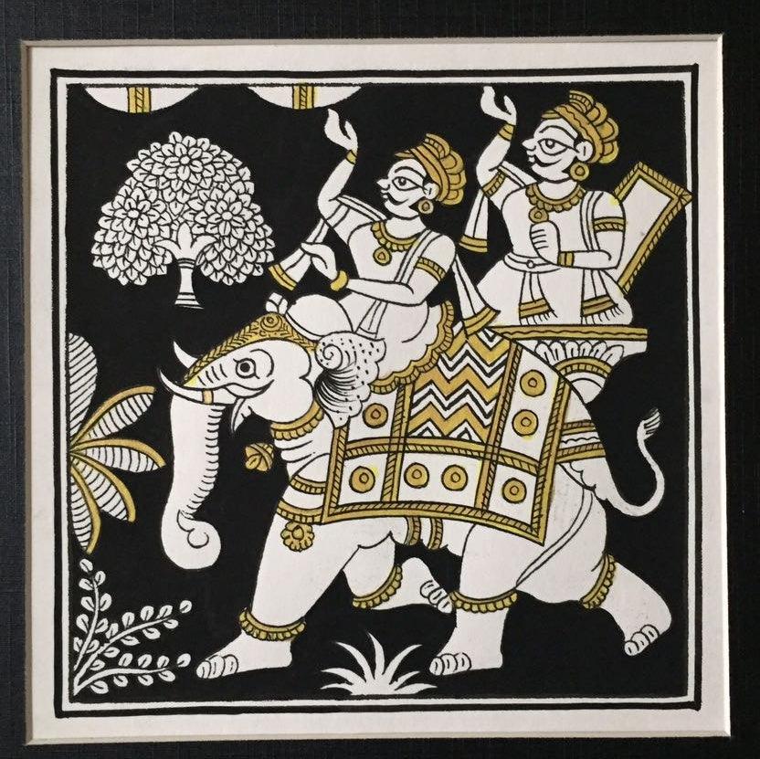 Figurative phad traditional art titled 'Black And Gold Elephant Procession', 11x11 inches, by artist Unknown on Cloth