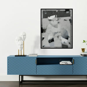 'Black And White 2 (Echoes in Monochrome)' painting by Jayesh Borse shown on a wall in a furnished room.