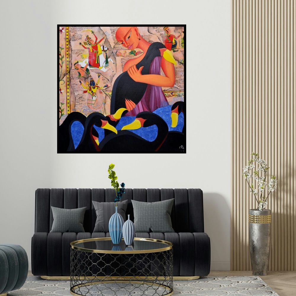 Deepali Mundra's 'Black Swans' painting visualized above a sofa in a contemporary room.