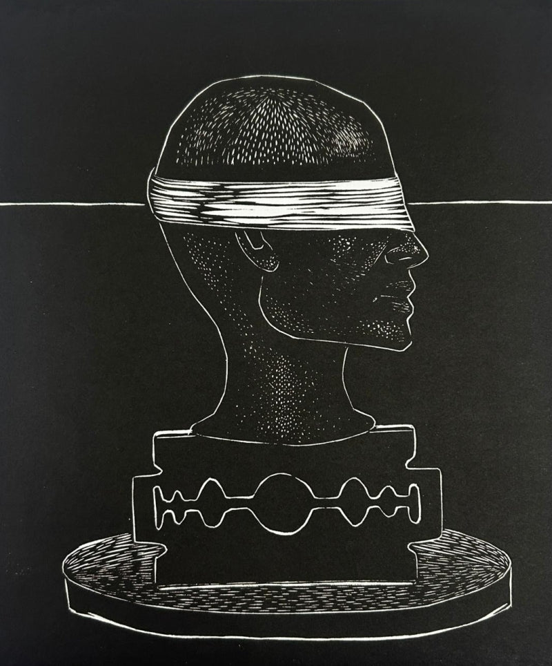 Blade Head' contemporary wood cut printmaking by artist Prashant Kuwar, 22x20 inch, on paper