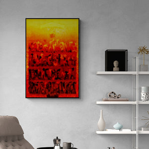 In-situ view of Ajay Meshram's 'Blessing (Crimson Procession)' painting in a room