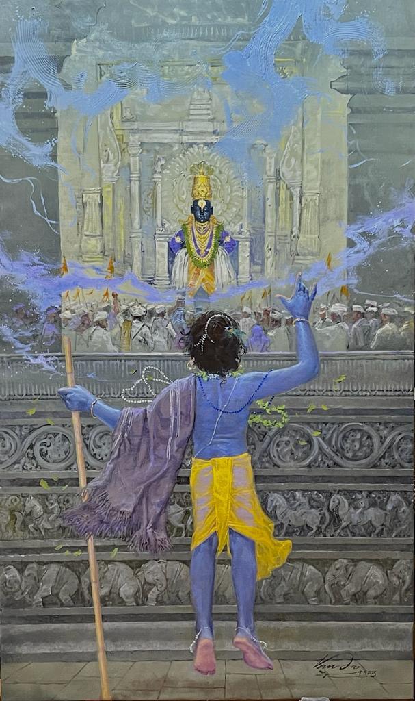 Religious oil painting titled 'Blessing', 60x36 inches, by artist Vasudeo Kamath on Canvas