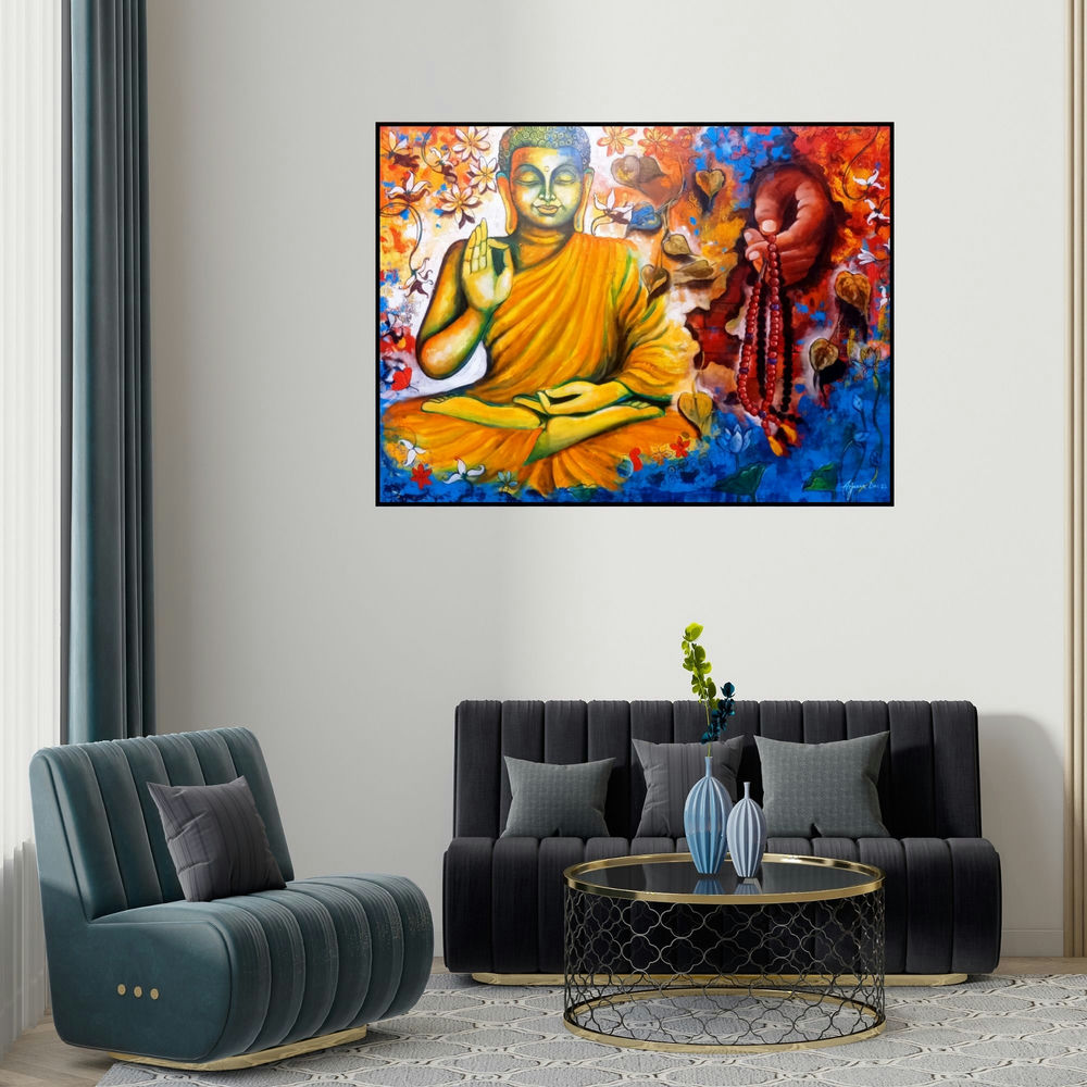 Arjun Das's 'Blessing Buddha (Path to Enlightenment)' painting visualized above a sofa in a contemporary room.