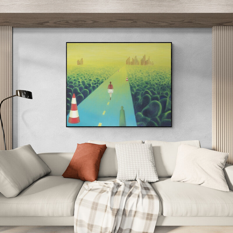 Preview of 'Blessings (The Journey)' Painting by Riddhima Sharraf shown on a wall in a furnished room.