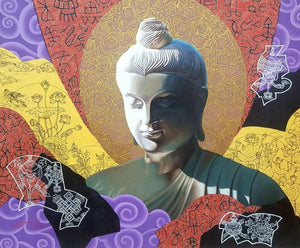 Blissful Path (Serene Enlightenment) by Rajnikanta Singh, Original Mixed Media Religious Painting on Canvas, Medium Horizontal Wall Art