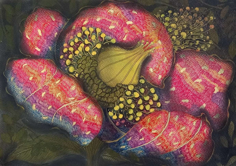 'Bloom Aura' nature mixed-media painting by artist Yogesh Powale, 9x12 inch, on paper