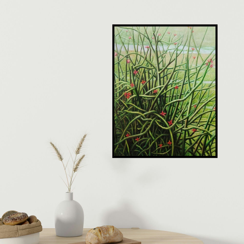 Arabinda Mukherjee's 'Blooming Cactus (Pencil Cactus in Bloom)' painting visualized above a sofa in a contemporary room.