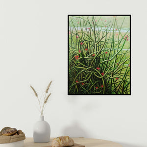 Arabinda Mukherjee's 'Blooming Cactus (Pencil Cactus in Bloom)' painting visualized above a sofa in a contemporary room.