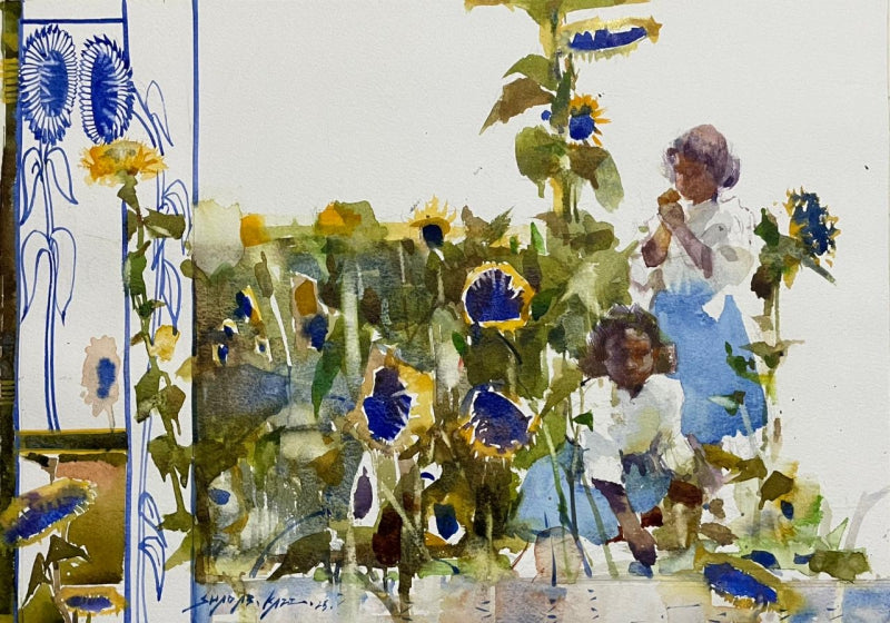 'Blooming Days' figurative watercolor painting by artist Shadab Kazi, 11x16 inch, on paper