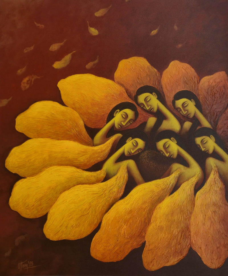 'Blooming Dreams' figurative acrylic painting by artist Uttam Bhattacharya, 36x30 inch, on canvas