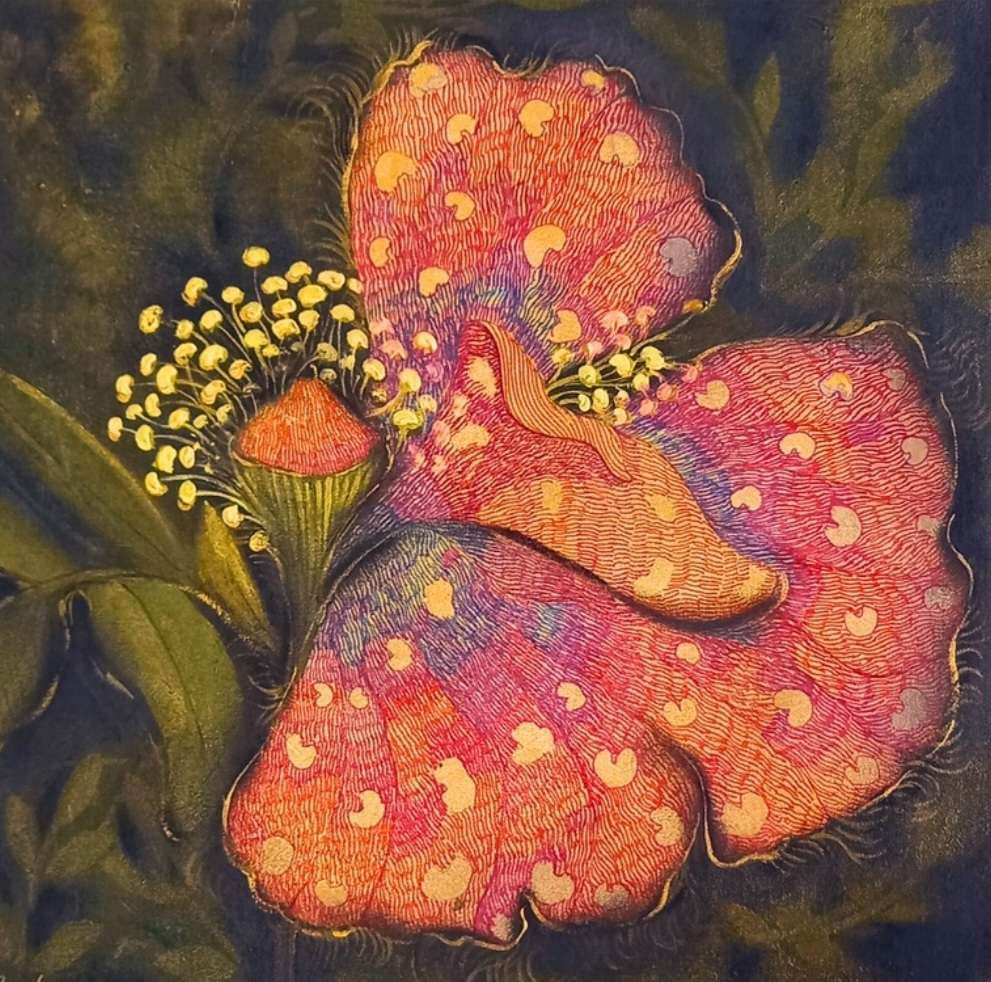 'Blooming Flower' nature mixed-media painting by artist Yogesh Powale, 12x12 inch, on canvas