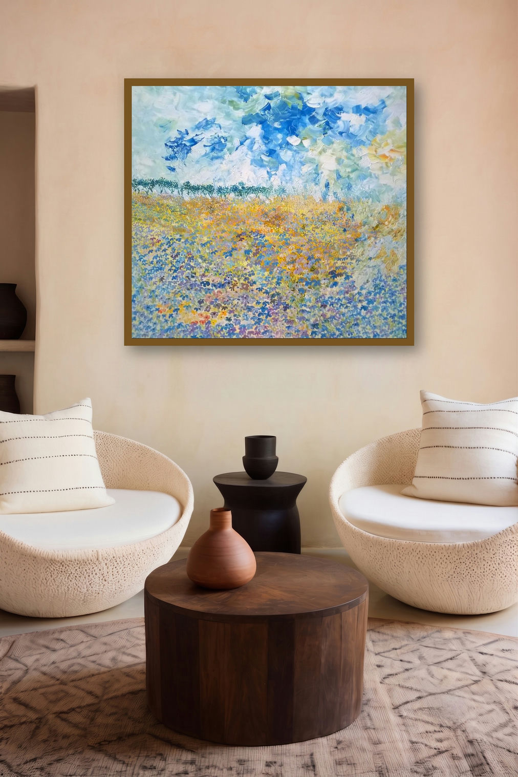 Blooming Flowers (Azure Expanse) by artist Shubhamshiva displayed in a Museum Style gallery