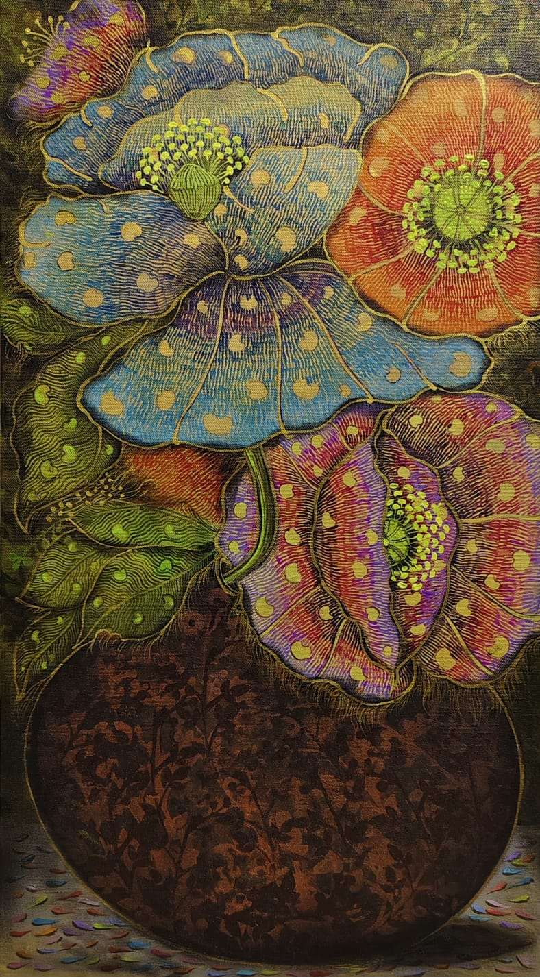 'Blooming Flowers In Vase' nature mixed-media painting by artist Yogesh Powale, 27x15 inch, on canvas