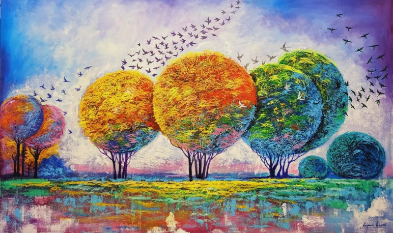Blooming Nature' nature acrylic painting by artist Arjun Das, 48x72 inch, on canvas