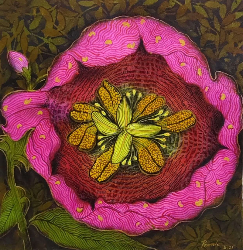 Blooming Pink Flower' nature mixed-media painting by artist Yogesh Powale, 12x12 inch, on paper