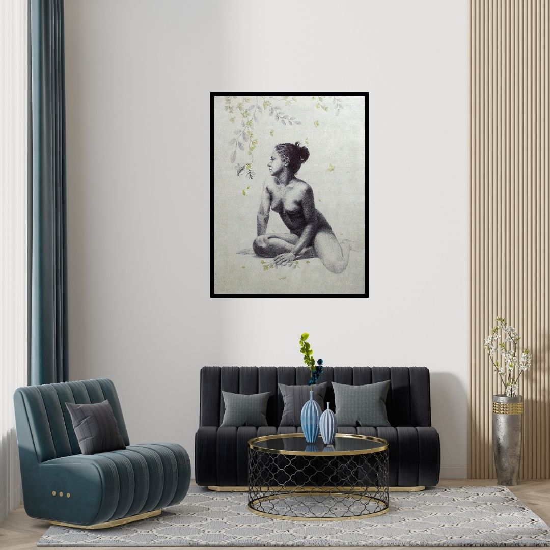 Preview of 'Blosom 1' Painting by Mansi Sagar shown on a wall in a furnished room.