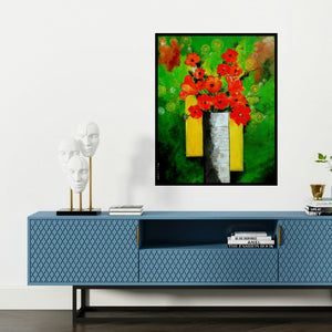 'Blossom 2' painting by Sharmi Dey shown on a wall in a furnished room.