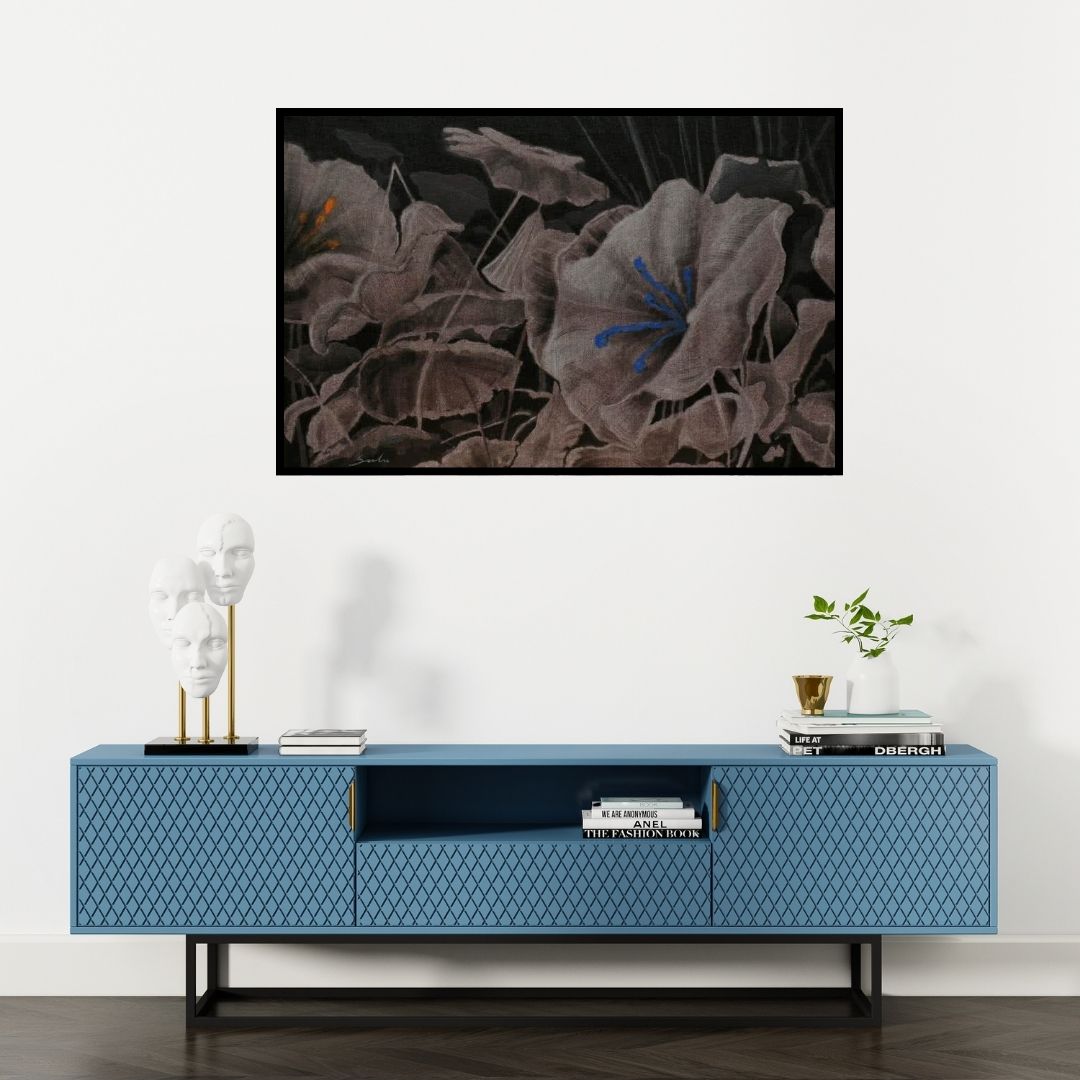 Preview of 'Blossom 3 (Night Bloom)' Painting by Sulakshana Dharmadhikari shown on a wall in a furnished room.