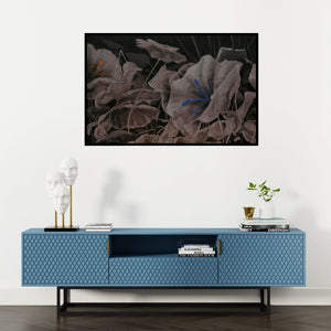 Preview of 'Blossom 3 (Night Bloom)' Painting by Sulakshana Dharmadhikari shown on a wall in a furnished room.