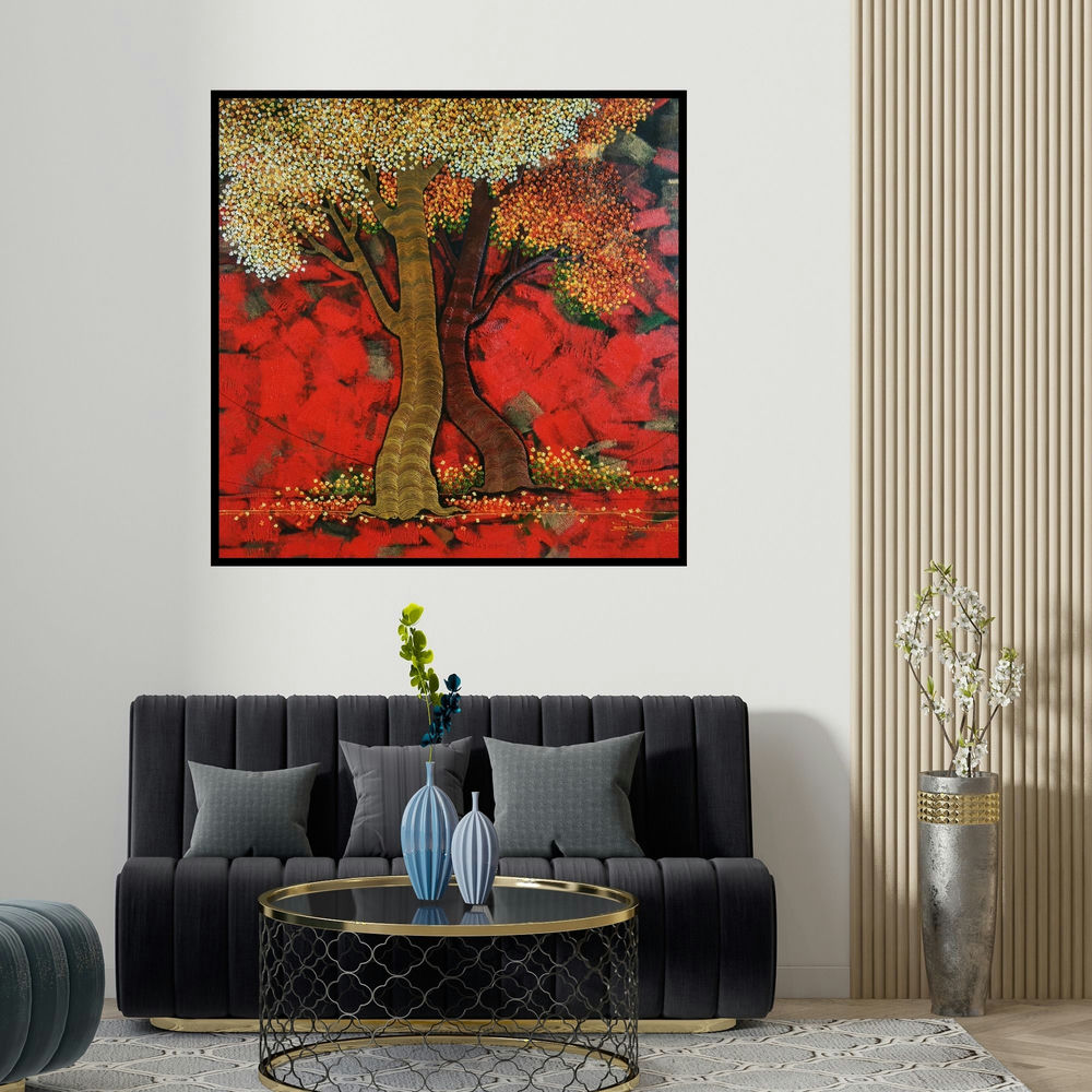 Rahul Dangat's 'Blossom' painting visualized above a sofa in a contemporary room.