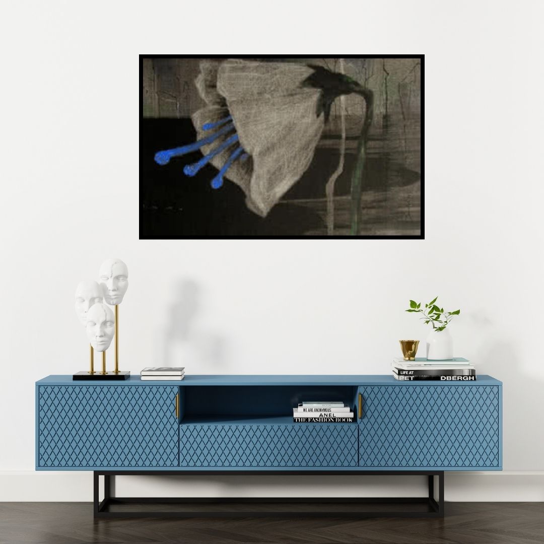 Preview of 'Blossom 5' Painting by Sulakshana Dharmadhikari shown on a wall in a furnished room.