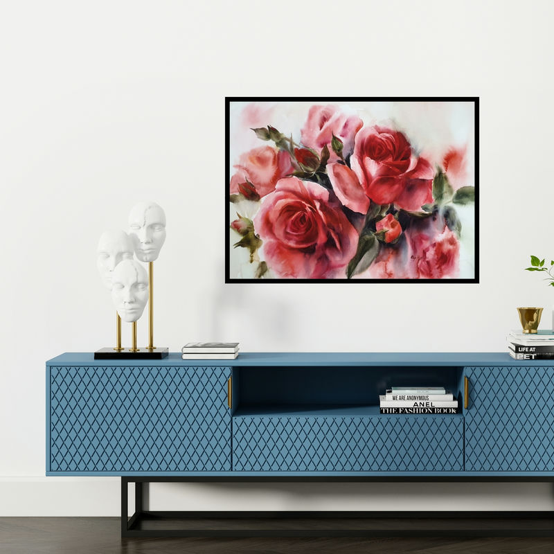 Preview of 'Blossom (A Bouquet of Love**)' Painting by Puja Kumar shown on a wall in a furnished room.