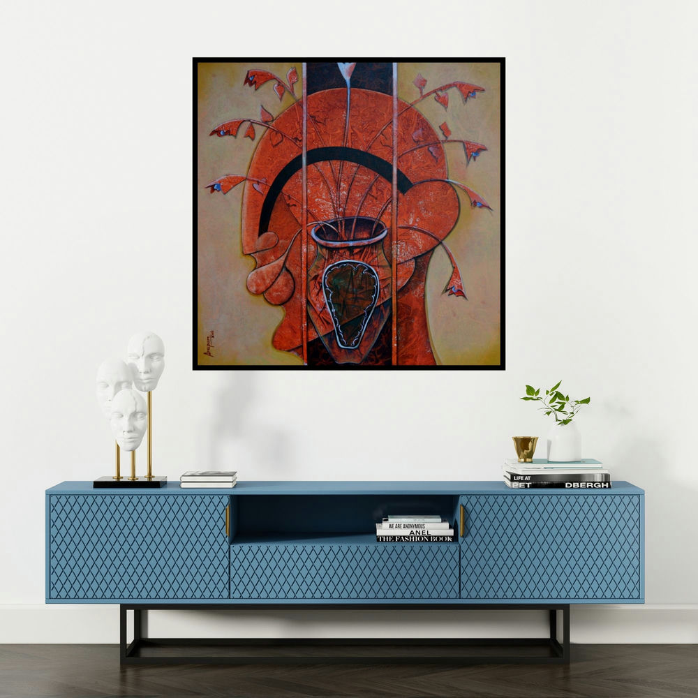 'The Blossoming Mind 6' painting by Anupam Pal shown on a wall in a furnished room.