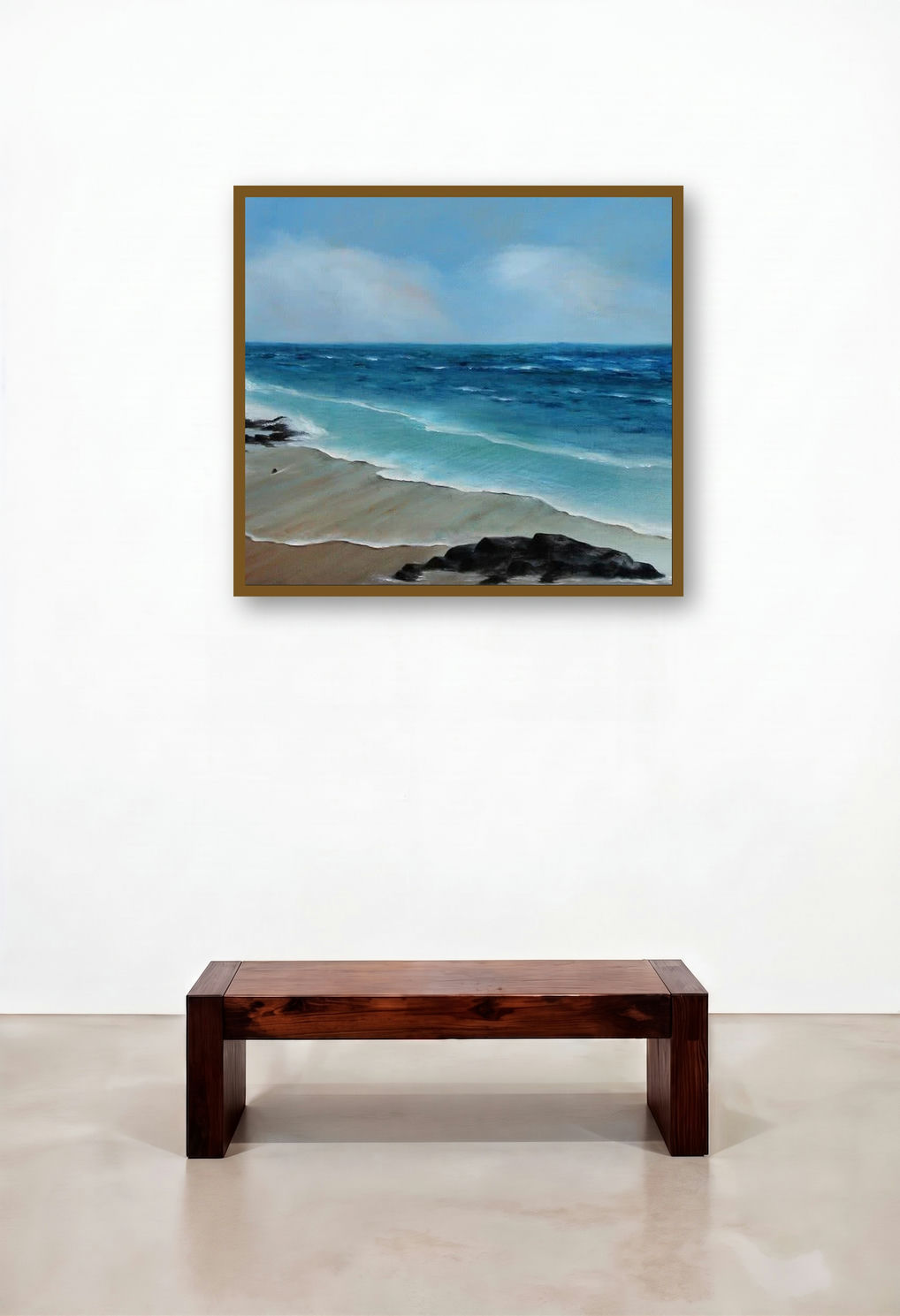 Blue Bliss (Coastal Rhythm: A Symphony in Blue) by artist Persis Chhapkhanawalla displayed in a Modern Foyer
