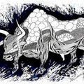 Animals pen ink drawing titled 'Blue Bull Series 3', 13x19 inches, by artist Rashid Ahamad on Paper