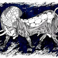 Animals pen ink drawing titled 'Blue Bull Series 7', 13x19 inches, by artist Rashid Ahamad on Paper