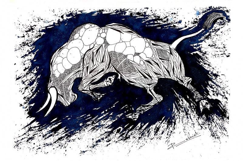 Animals pen ink drawing titled 'Blue Bull Series 8', 13x19 inches, by artist Rashid Ahamad on Paper