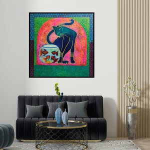 Anissha Deshpande's 'The Blue Cat' painting visualized above a sofa in a contemporary room.