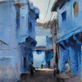 Blue City' landscape oil painting by artist Surabhi Gulwelkar, 12x9 inch, on linen