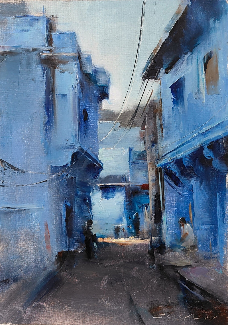 Blue City' landscape oil painting by artist Surabhi Gulwelkar, 12x9 inch, on linen