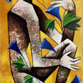 The Blue Flower' figurative acrylic painting by artist Ranjith Raghupathy, 42x20 inch, on canvas