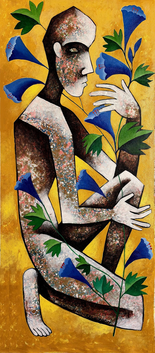 The Blue Flower' figurative acrylic painting by artist Ranjith Raghupathy, 42x20 inch, on canvas