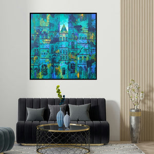 Suresh Gulage's 'Blue Green City (Urban Oasis)' painting visualized above a sofa in a contemporary room.