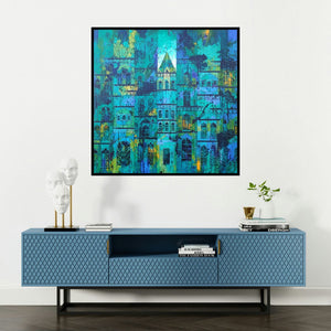'Blue Green City (Urban Oasis)' painting by Suresh Gulage shown on a wall in a furnished room.