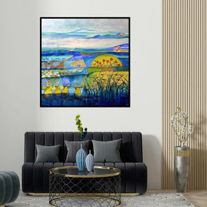 Shilpa Pachpor's 'Blue Harmony (A Tapestry of Tranquility)' painting visualized above a sofa in a contemporary room.