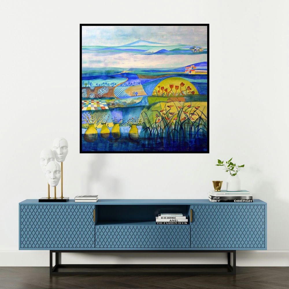 'Blue Harmony (A Tapestry of Tranquility)' painting by Shilpa Pachpor shown on a wall in a furnished room.