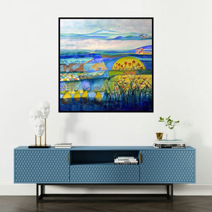 'Blue Harmony (A Tapestry of Tranquility)' painting by Shilpa Pachpor shown on a wall in a furnished room.