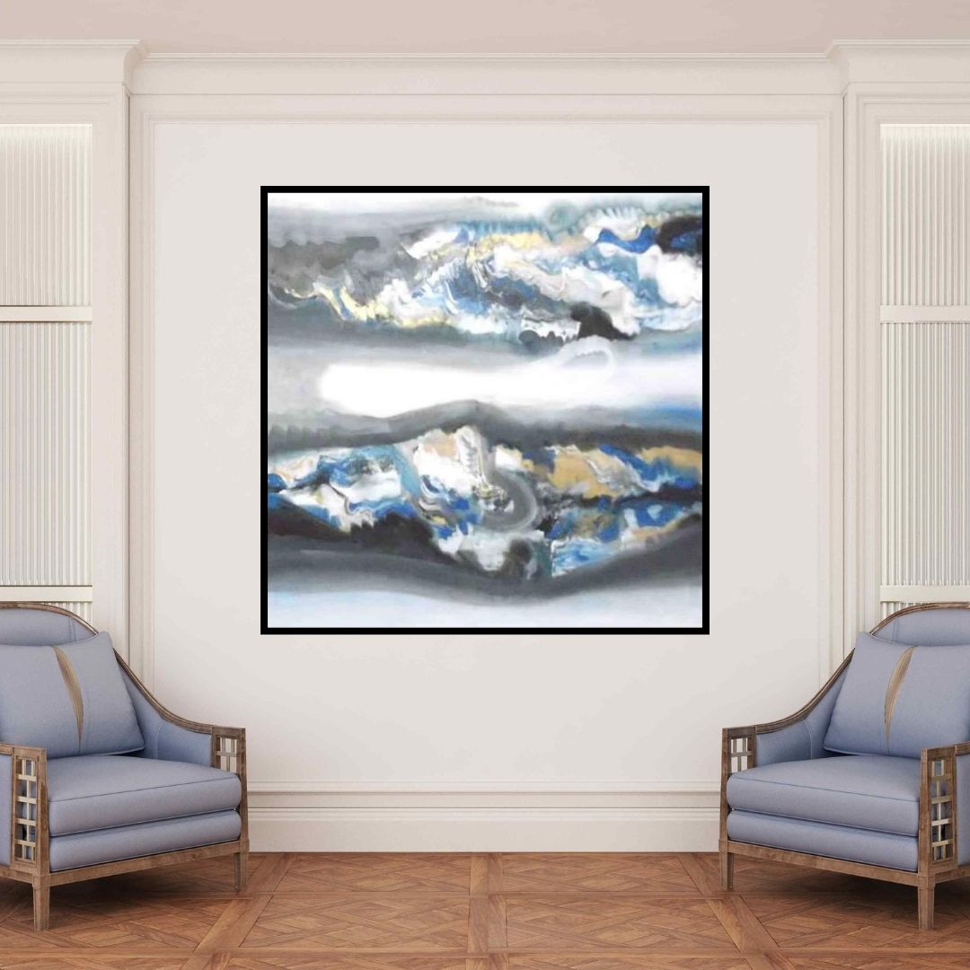 In-situ view of Deepak Guddadakeri's 'Blue Horizontal Abstract (Azure Horizons)' painting in a room