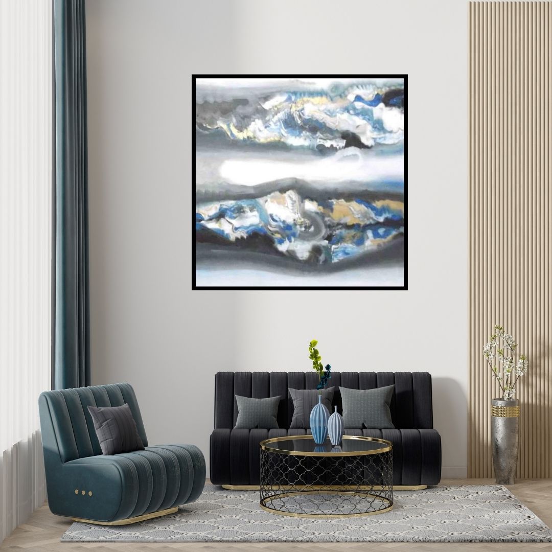 Deepak Guddadakeri's 'Blue Horizontal Abstract (Azure Horizons)' Painting visualized above a sofa in a contemporary room