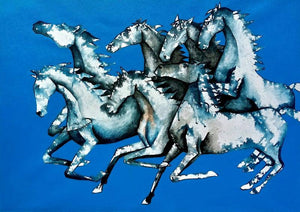 Blue Horses (Blue Horses) by Ranjith Raghupathy, Original Acrylic Animal Painting on Canvas, Medium Horizontal Wall Art