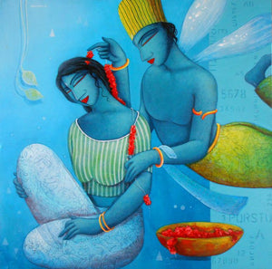 Figurative acrylic painting titled 'Blue Love Couple', 36x36 inches, by artist Samir Sarkar on Canvas