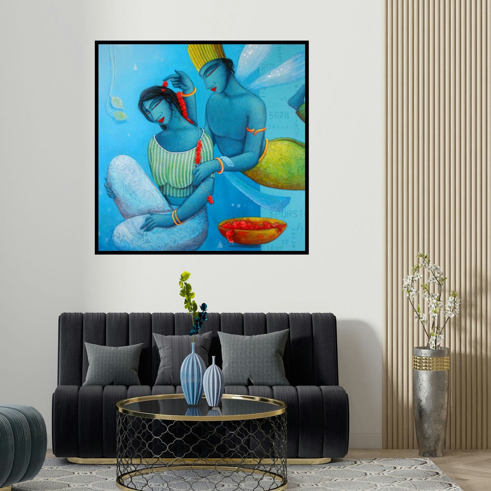 Samir Sarkar's 'Blue Love Couple' painting visualized above a sofa in a contemporary room.
