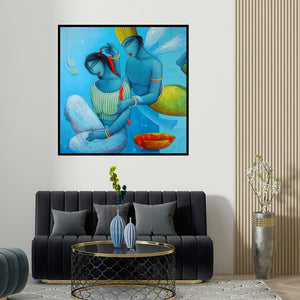 Samir Sarkar's 'Blue Love Couple' painting visualized above a sofa in a contemporary room.