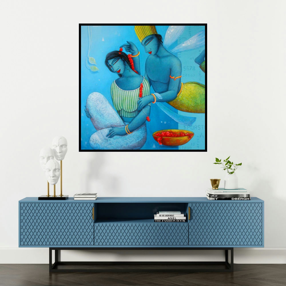 'Blue Love Couple' painting by Samir Sarkar shown on a wall in a furnished room.