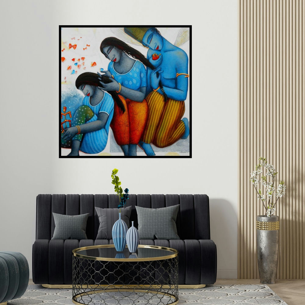Samir Sarkar's 'Blue Love Family (Celestial Harmony)' painting visualized above a sofa in a contemporary room.