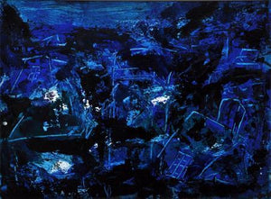 Blue Magic Abstract (Midnight Depths) by Asit Poddar, Original Acrylic Abstract Painting on Canvas, X-Small Horizontal Wall Art